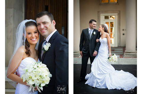 Bride and groom embrace in front of the Biltmore Ballrooms. Atlanta wedding photography by The Decisive Moment.
