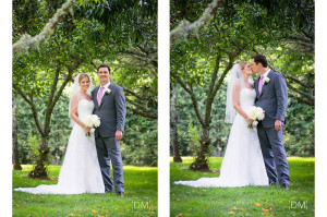 Bride and groom portrait under the trees at The Farm