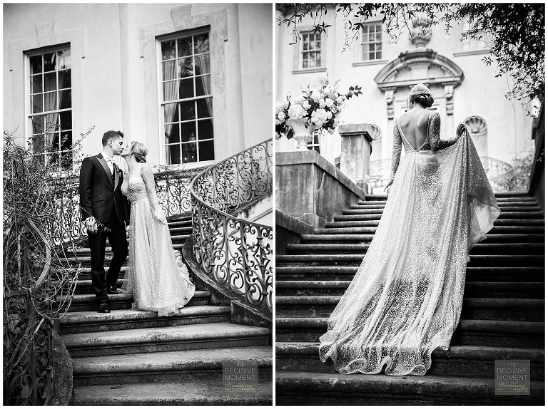 Bride and groom take couples photos on swan house stairway at atlanta history center