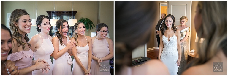 Bridesmaids see bride for the first time in wedding dress at the Intercontinental Buckhead Hotel in Atlanta, GA