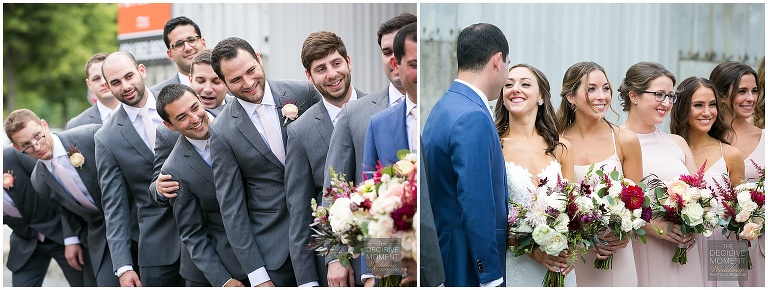 Groomsmen and bridesmaids take photos with bride and groom at The foundry at Puritan mill wedding