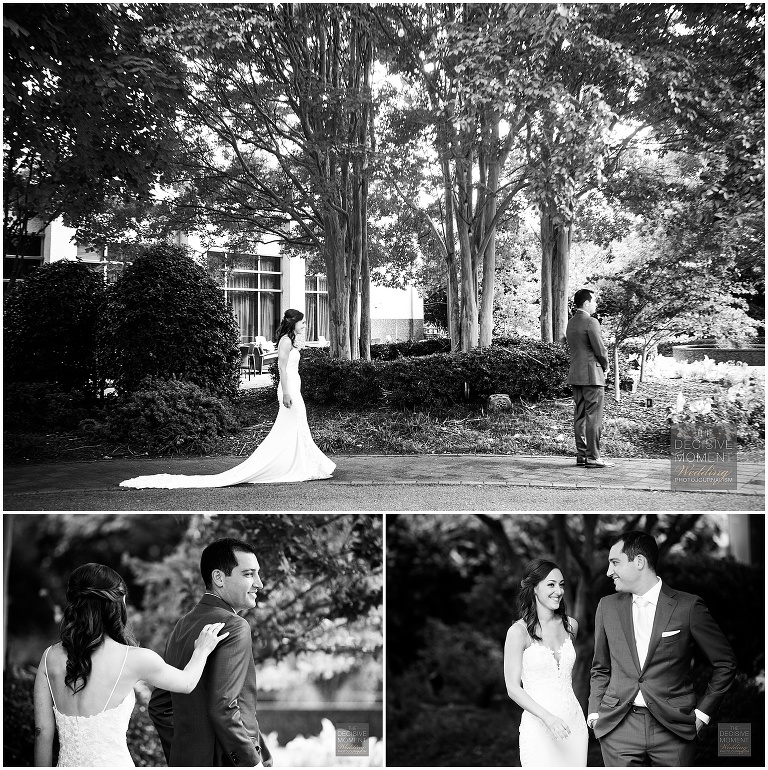 Bride approaches the groom for a first look photo shoot by Decisive Moment Wedding Photography before Foundry at puritan Mill wedding