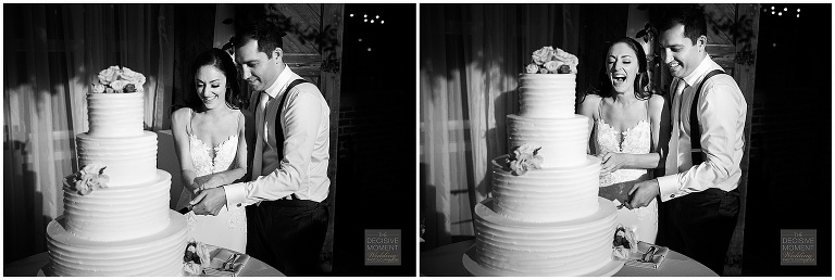 Bride and groom cup their 4-tier cake created by The Frosted Pumpkin Gourmet at Foundry at Puritan Mill Wedding