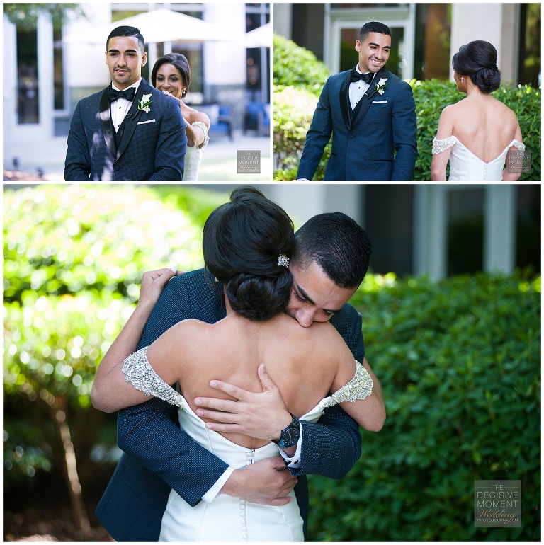 Bride and groom share their first look at each other before Intercontinental Buckhead Atlanta wedding