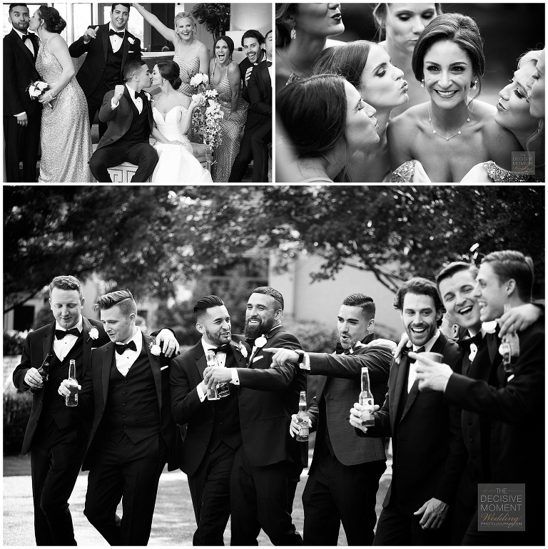 The bridal party and groomsmen celebrate their bride and groom