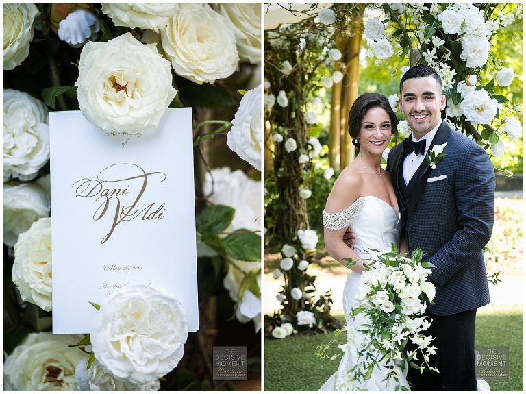 Bride and groom pose with gorgeous bouquet, designed by Topher Mack Event Planning