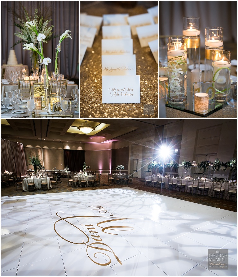 Wedding reception details include monogrammed dance floor, candles, white flowers at Intercontinental Buckhead hotel